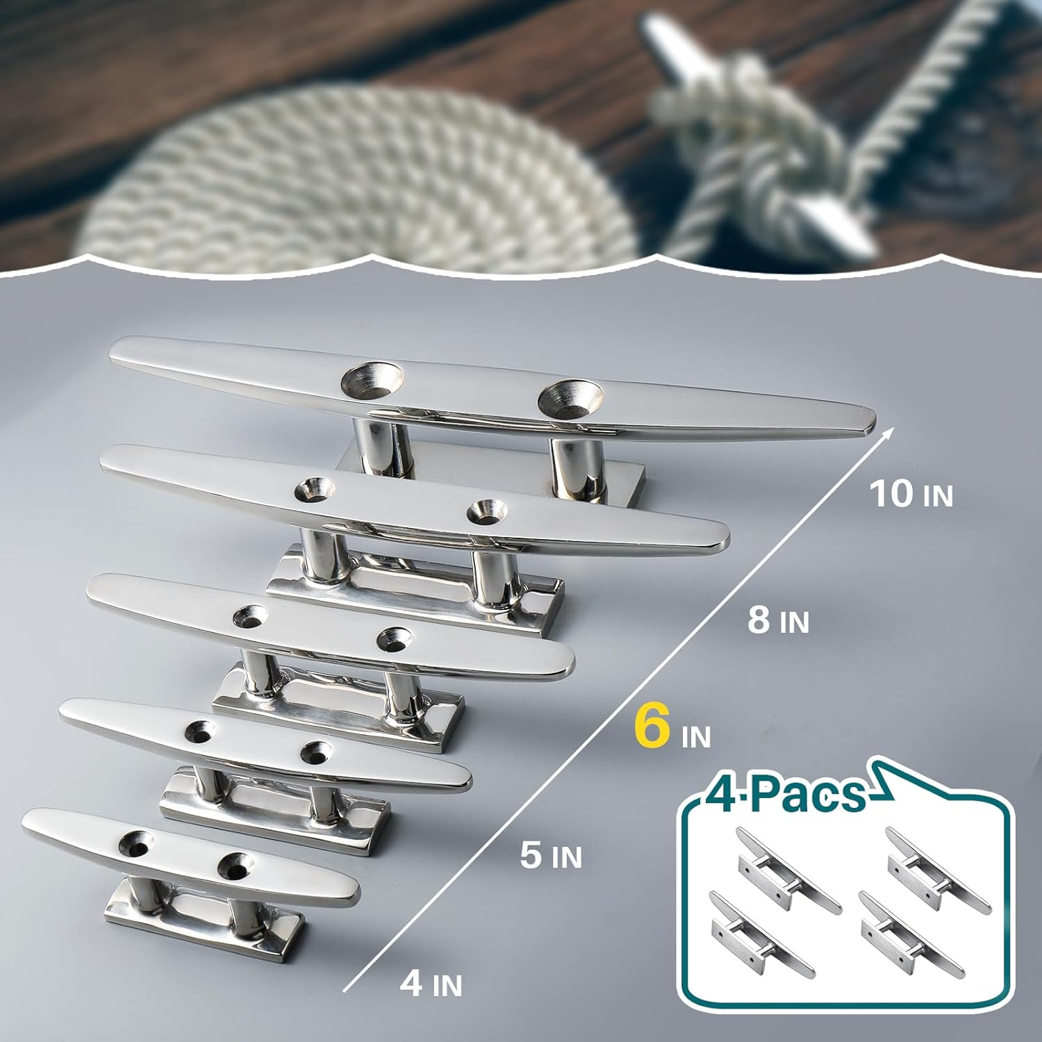 Boat Cleats 6 Inch, Marine Grade 316 Stainless Steel Boat Mooring Cleat Pack of 4, Installation Accessories Included - Image 6