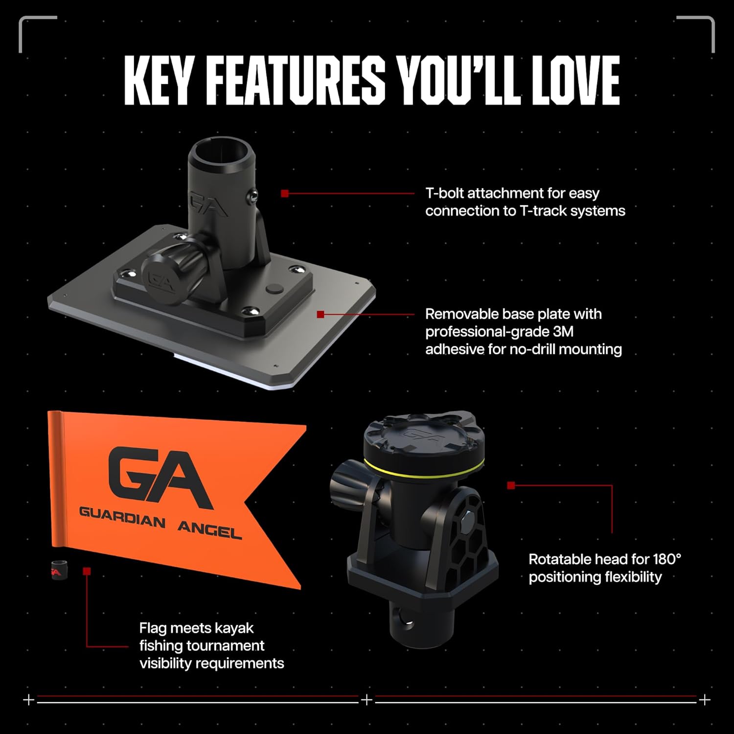 Guardian Angel Marine Mount & Accessory Bundle \u2013 Universal Base, Rotatable Head Mount, (2) 12\u201D and (1) 24" Stainless Steel Poles, Safety Flag, Storage Bag \u2013 for Kayaks, Boats, Paddleboards, & More - Image 5