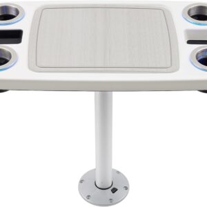 Manufacturers' Select Battery Op Lit Marine Boat Table Leg Set. Large Top with Blue LED Drink Holder. Pontoon Accessories, Pedestal Table (White Glossy Table\/Silver Leg w\/Titanium Grey Mat)
