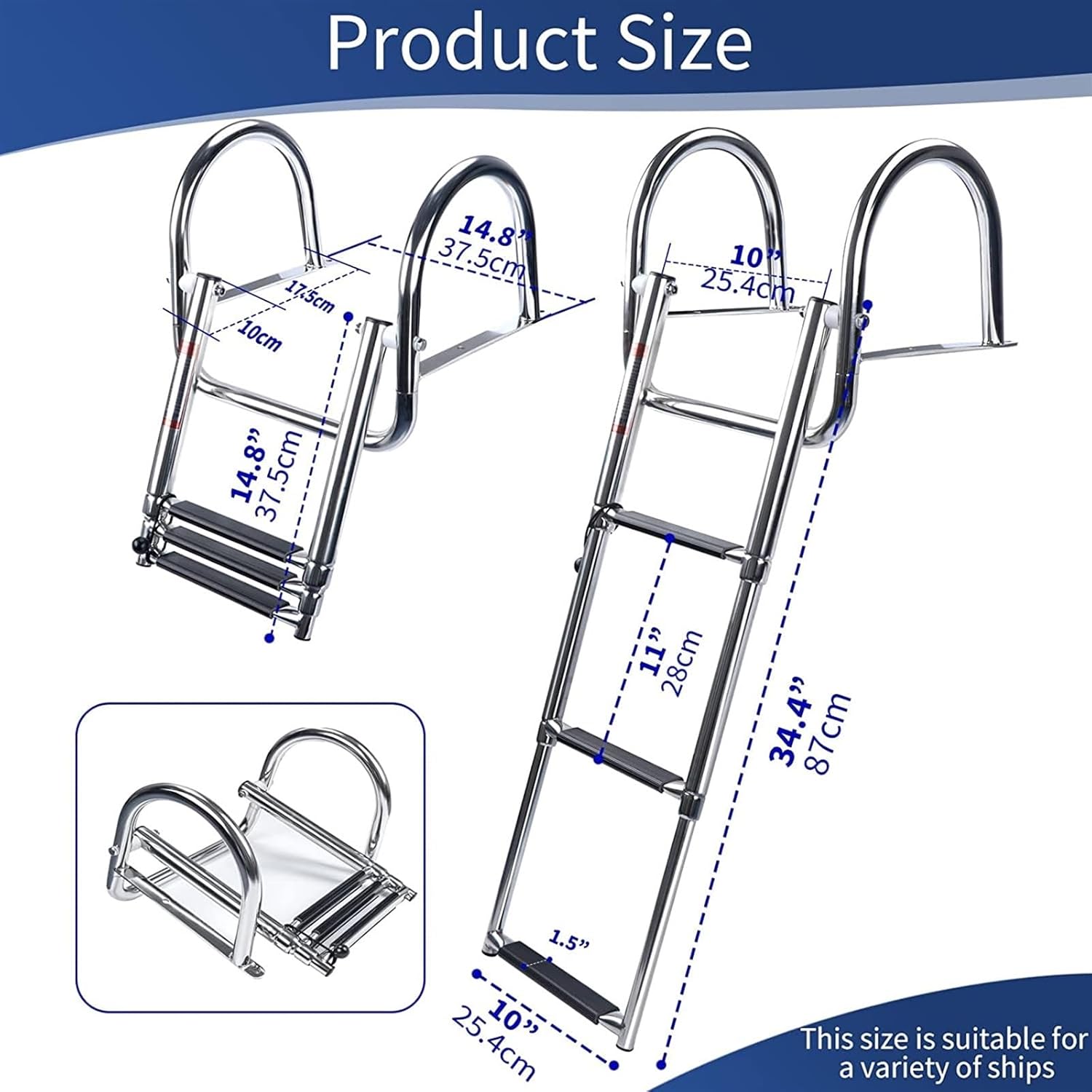 Marine Hardware Boat Accessories Stainless Steel Boat Boarding Telescoping Ladder Sliding Folding Swimming Launching Ladder with handrail(4 Step) - Image 7
