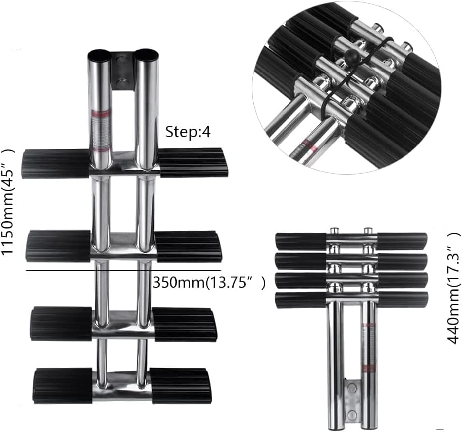 Stainless Steel Boat Ladder, 4 Step Ladder Vertical Telescoping Swim Deck Ladder Transom Mounting Boat Accessories for Marine Yacht/Swimming Pool - Image 2