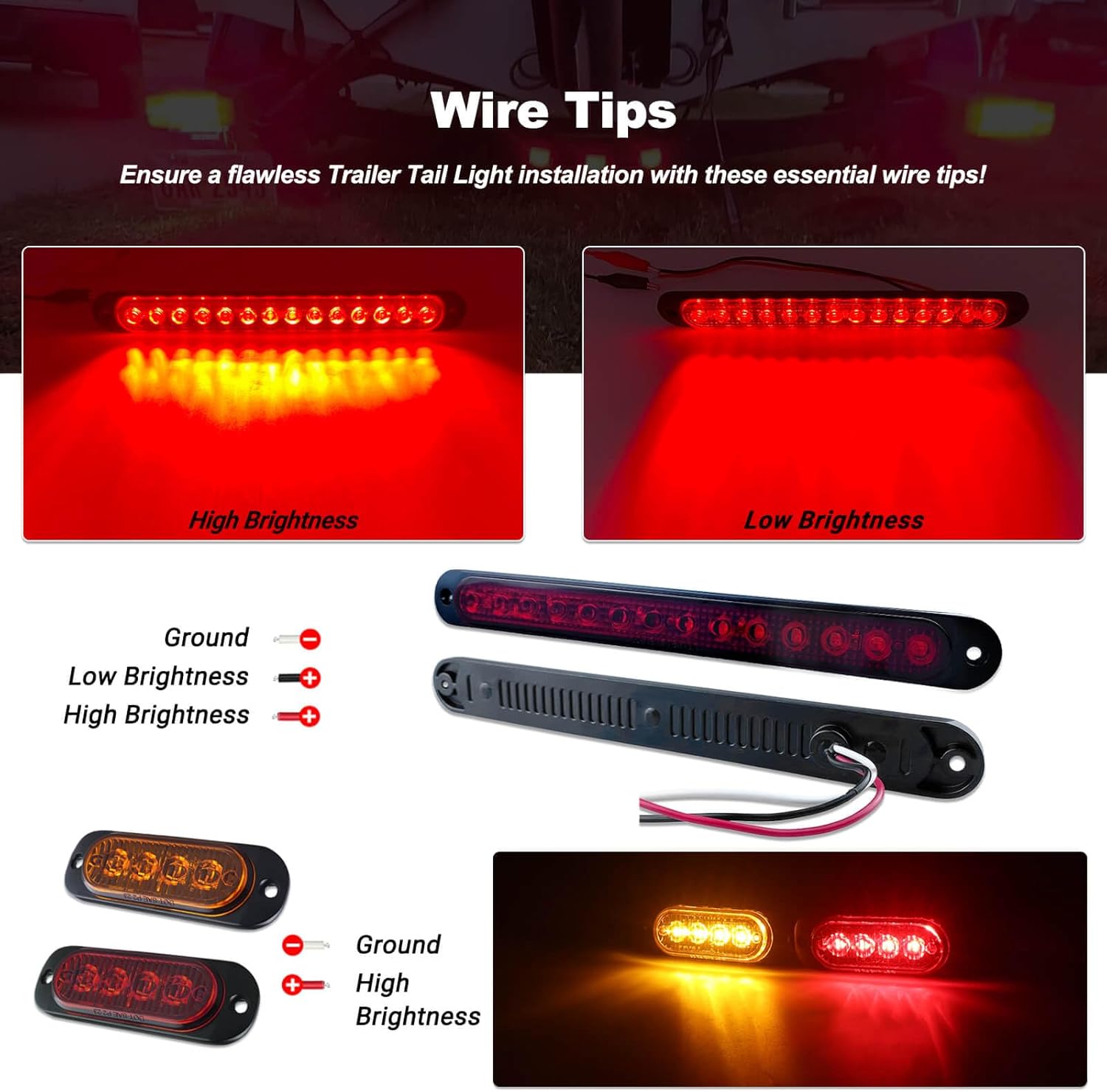 Submersible LED Trailer Light Kit Rectangle American Flag Designed 3rd Brake Lights Aluminum Alloy Base Stop Turn Tail Lights for 12V Trailer Boat Trucks Snowmobile - Image 6