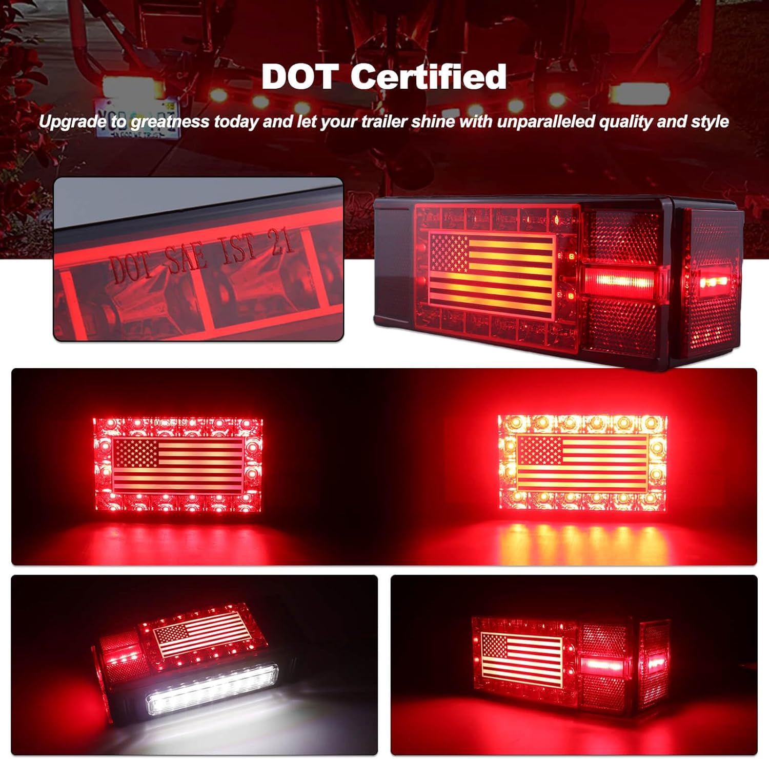Submersible LED Trailer Light Kit Rectangle American Flag Designed 3rd Brake Lights Aluminum Alloy Base Stop Turn Tail Lights for 12V Trailer Boat Trucks Snowmobile - Image 2