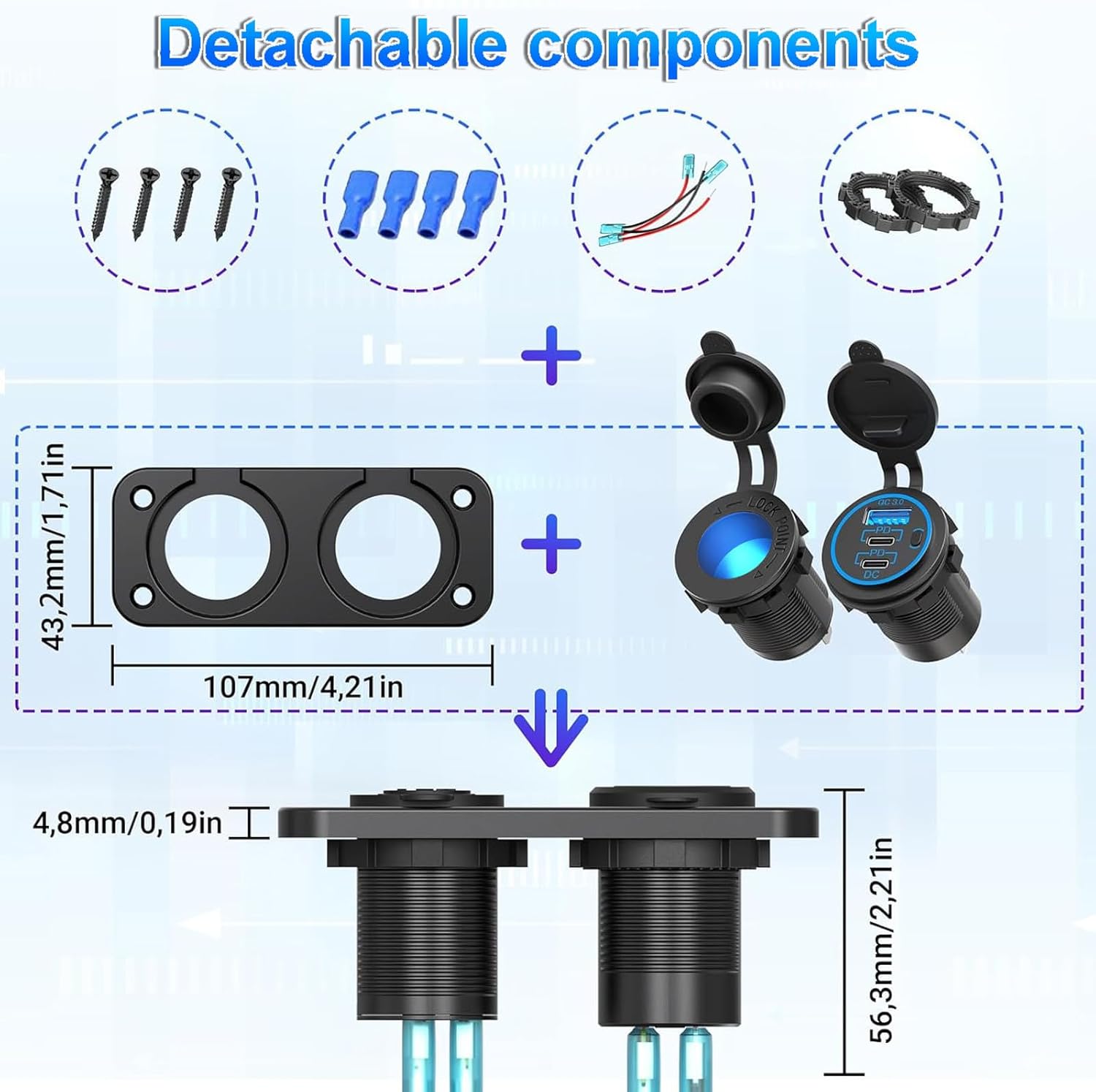 Upgraded 78W 3 Port 12V 24V USB Outlet Cigarette Lighter Socket Panel, Dual 30W PD and QC3.0 Multi Port Cylinder Charger with Button Switch and 150W Lighted Socket 2 in 1 DIY Kit for Car Boat RV, etc. - Image 6
