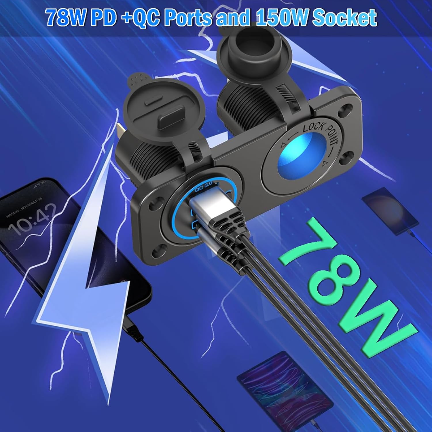 Upgraded 78W 3 Port 12V 24V USB Outlet Cigarette Lighter Socket Panel, Dual 30W PD and QC3.0 Multi Port Cylinder Charger with Button Switch and 150W Lighted Socket 2 in 1 DIY Kit for Car Boat RV, etc. - Image 2