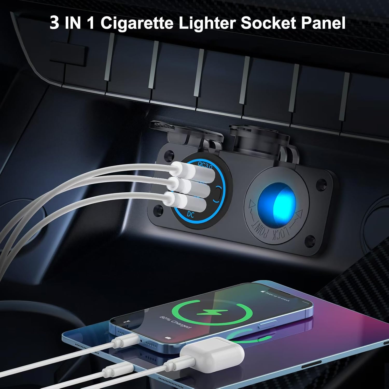Upgraded 78W 3 Port 12V 24V USB Outlet Cigarette Lighter Socket Panel, Dual 30W PD and QC3.0 Multi Port Cylinder Charger with Button Switch and 150W Lighted Socket 2 in 1 DIY Kit for Car Boat RV, etc. - Image 7