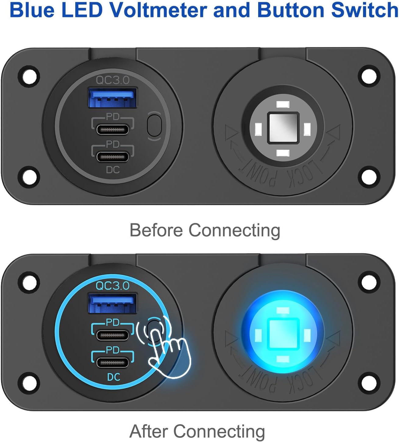 Upgraded 78W 3 Port 12V 24V USB Outlet Cigarette Lighter Socket Panel, Dual 30W PD and QC3.0 Multi Port Cylinder Charger with Button Switch and 150W Lighted Socket 2 in 1 DIY Kit for Car Boat RV, etc. - Image 4