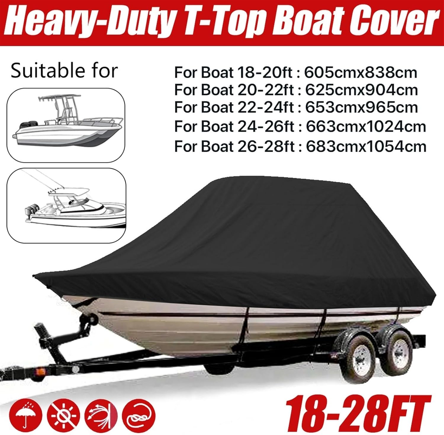 Wingxaoyy Marine Accessories 18-28ft 600D Jumbos Cruiser Boat-Cover Heavy-Duty Oceansouth Marine Water Sun Proof UV Protection Fish-Ski VHull Mooring Cover(26-28FT) - Image 2