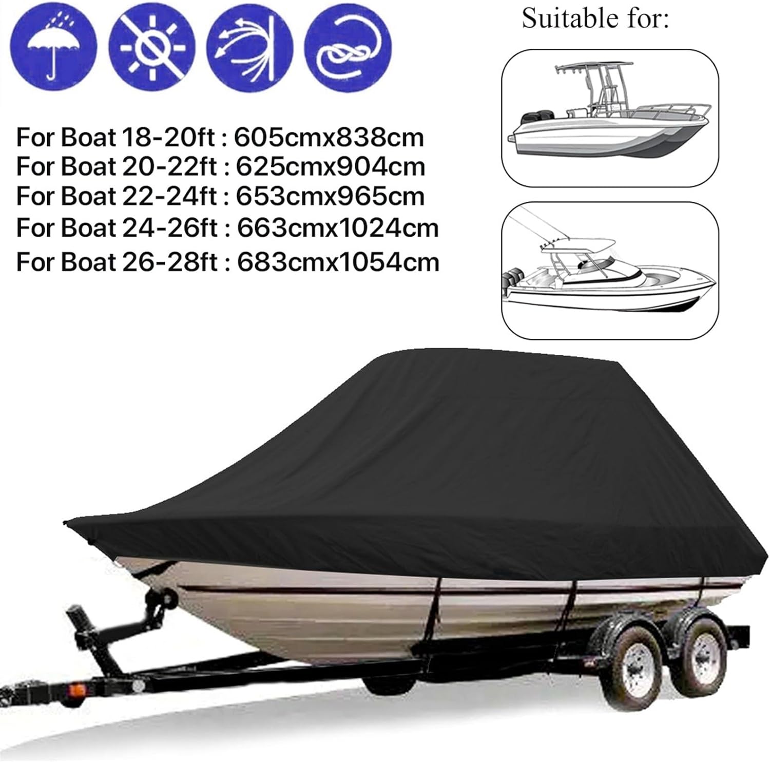 Wingxaoyy Marine Accessories 18-28ft 600D Jumbos Cruiser Boat-Cover Heavy-Duty Oceansouth Marine Water Sun Proof UV Protection Fish-Ski VHull Mooring Cover(26-28FT) - Image 6