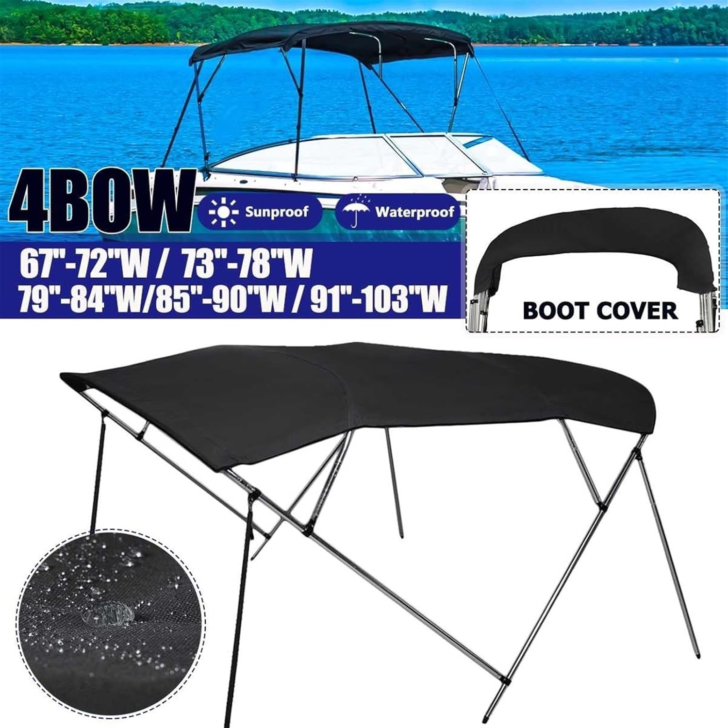 Wingxaoyy Marine Accessories 4 Bow 600D Bimini Top Cover Roof Canopy Boot Cover Storage w\/Frame Waterproof Anti-UV Protection for V-Hull Jon Boats(79-90) - Image 6