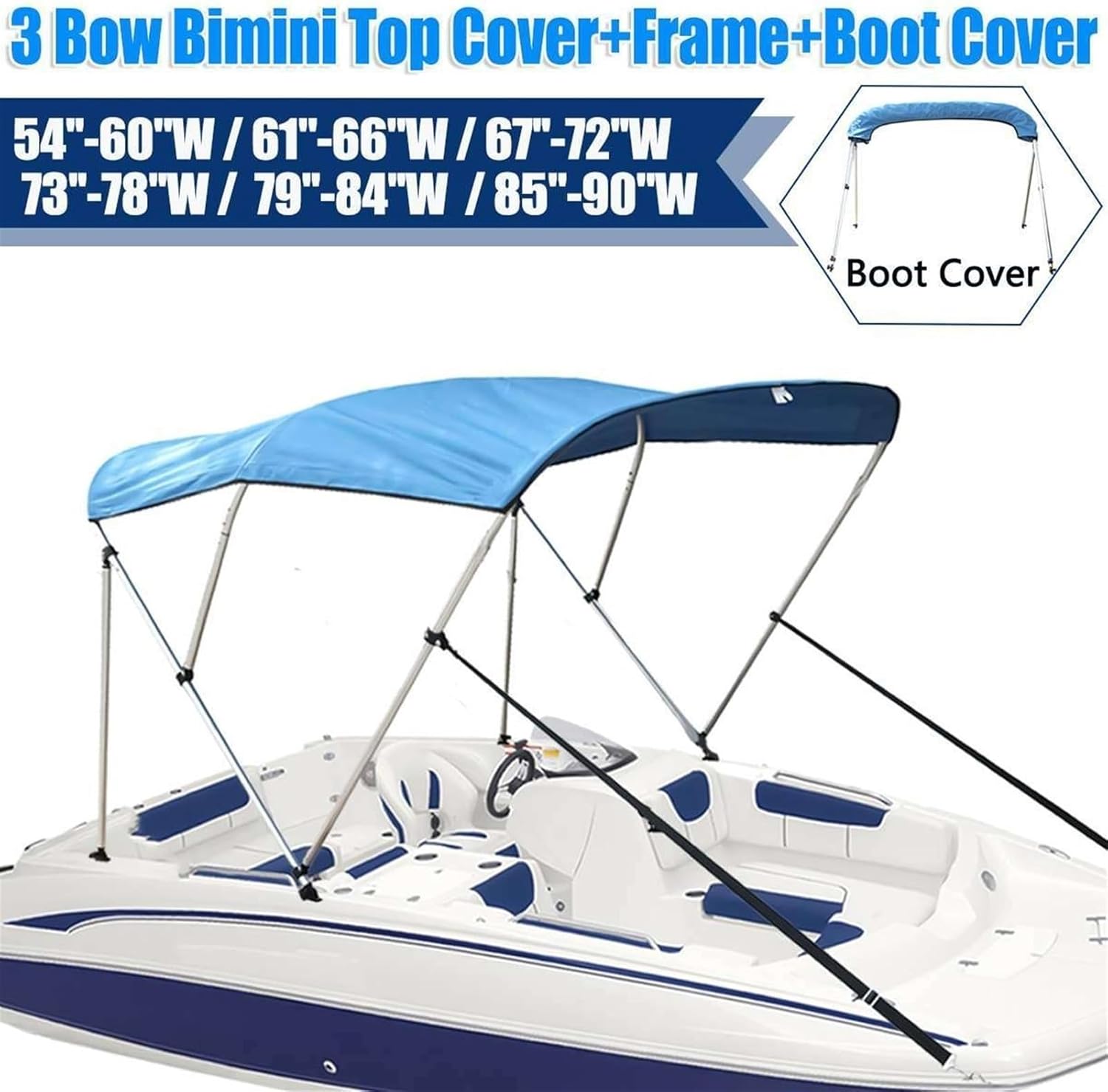 Wingxaoyy Marine Accessories 600D 3 Bow Bimini Top Canvas Cover Boot Cover with Frame Waterproof Anti-UV Sun Shade Heavy Duty Boat Roof Canopy Cover(79-90) - Image 7