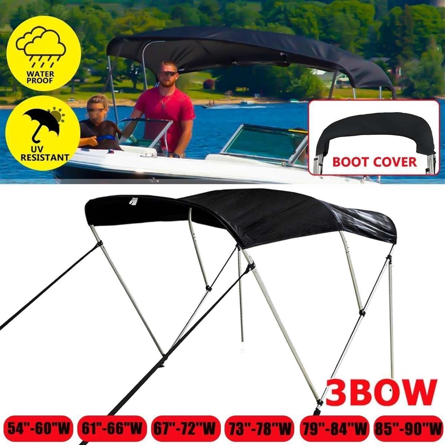 Wingxaoyy Marine Accessories 600D 3 Bow Biminii Top Replacement Canvas Cover Boot Cover with Frame Waterproof Anti UV Boat Cover Marine Accessories(85-90W) - Image 7