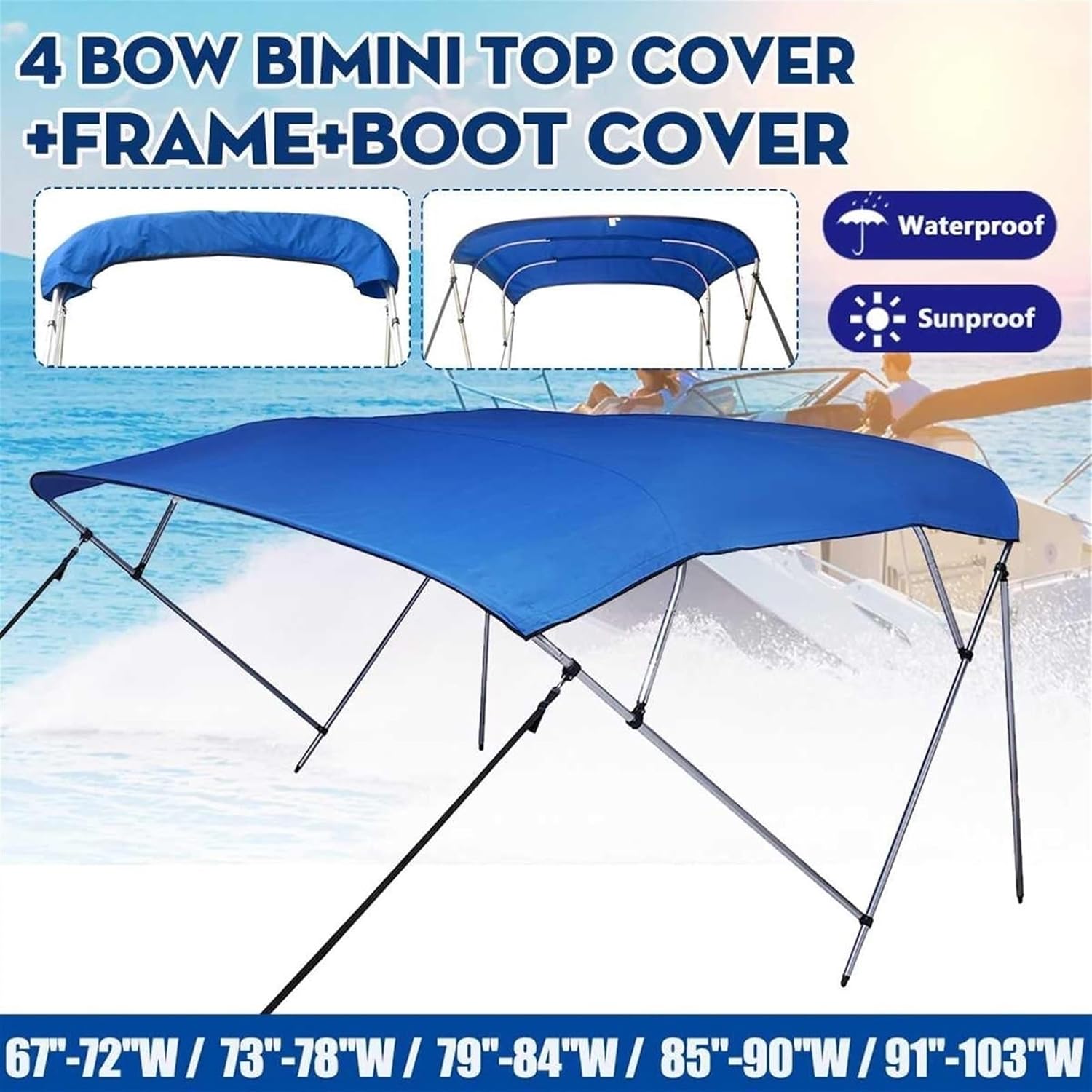 Wingxaoyy Marine Accessories 600D 4 Bow Biminii Top Replacement Canvas Cover Boot Cover with Frame Waterproof Boat Cover for V-Hull\/Jon\/Center Console Boat(Blue 91-103W) - Image 7