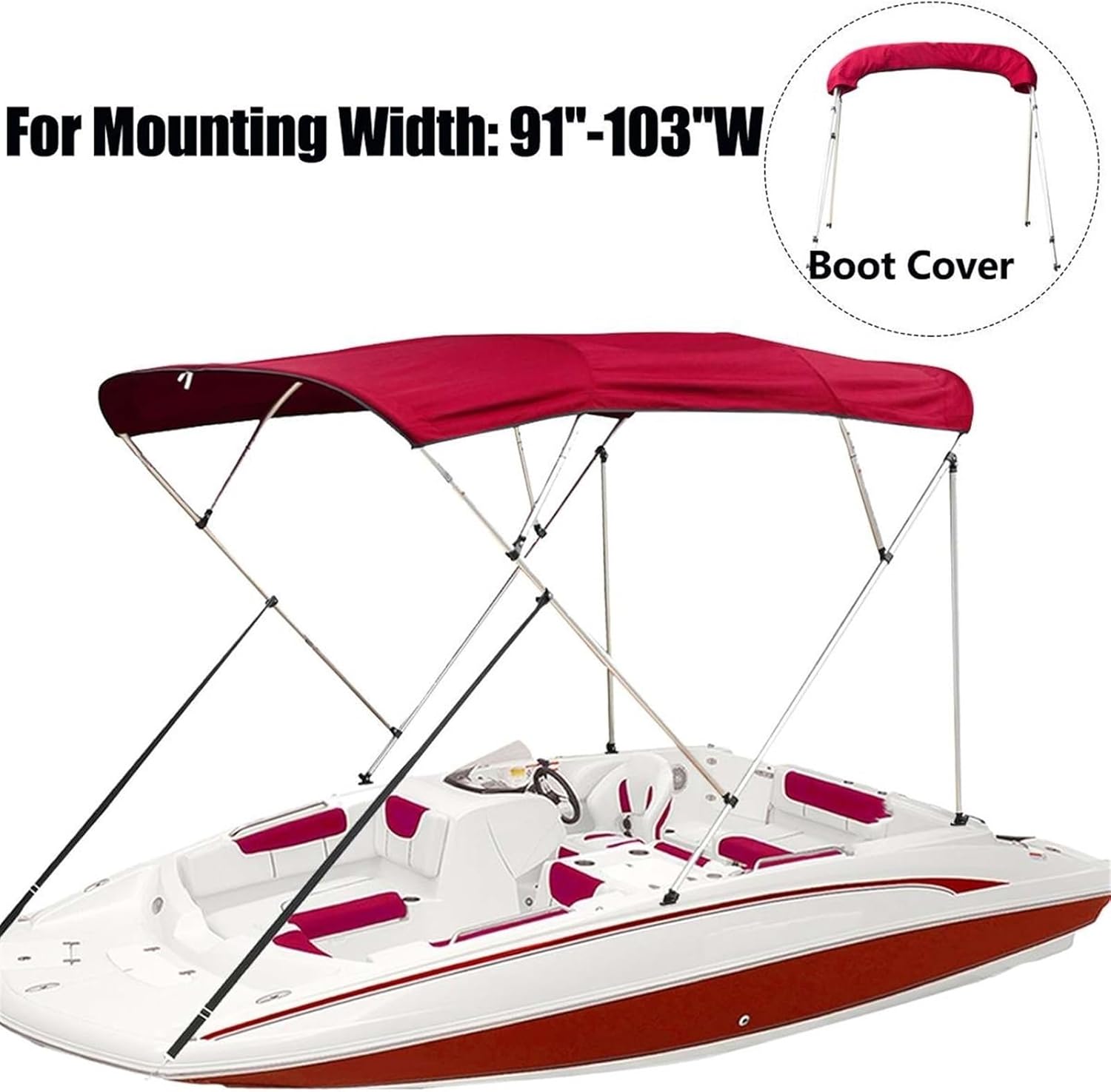 Wingxaoyy Marine Accessories 600D 4 Bow Boat Pontoon Biminii Top Canvas Replacement Cover Boot Cover with Frame for V-Hull Boat Jon Boat Center Console Boat(91-103W) - Image 2