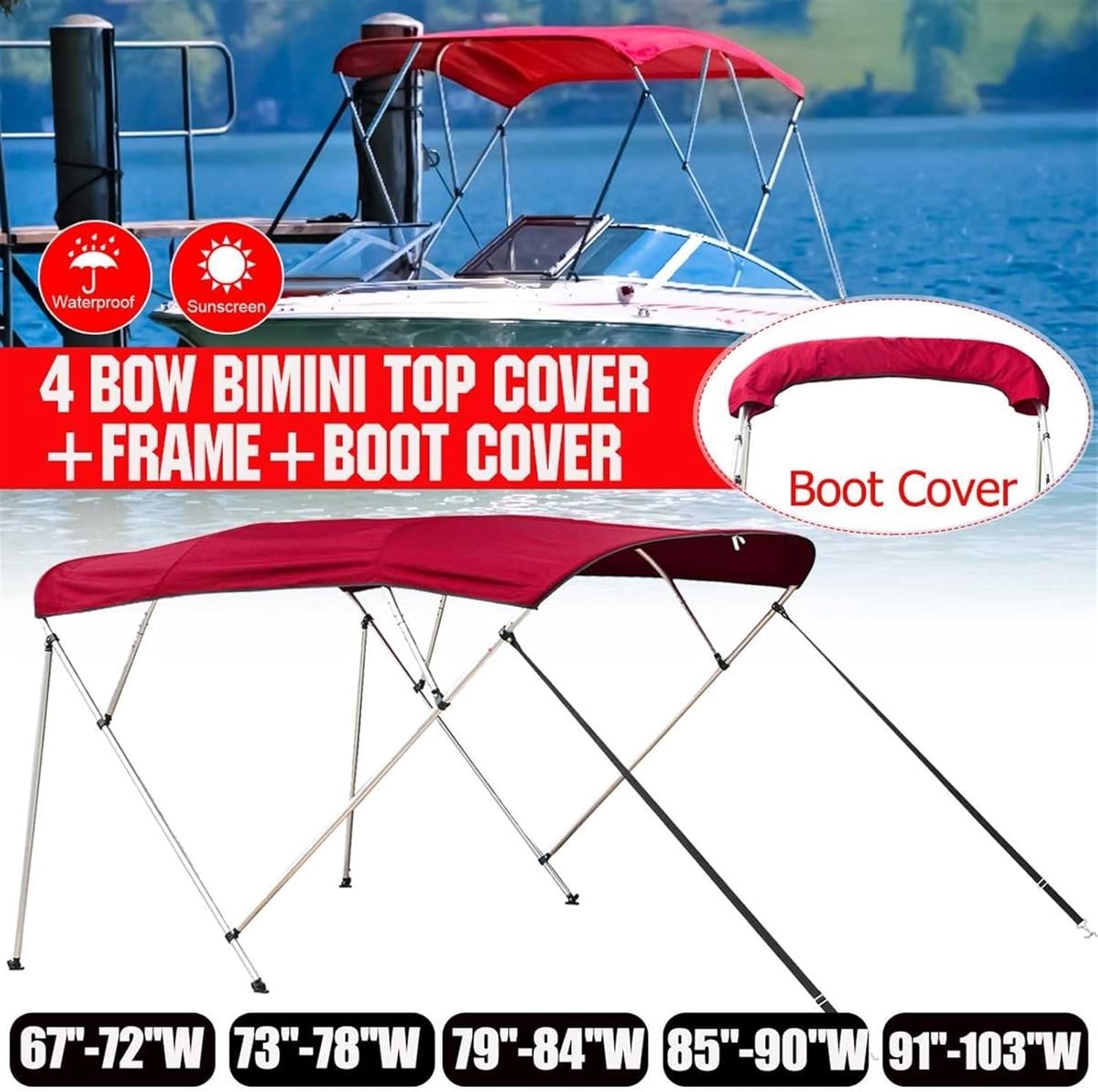 Wingxaoyy Marine Accessories 600D 4 Bow Boat Pontoon Biminii Top Canvas Replacement Cover Boot Cover with Frame for V-Hull Boat Jon Boat Center Console Boat(91-103W) - Image 7