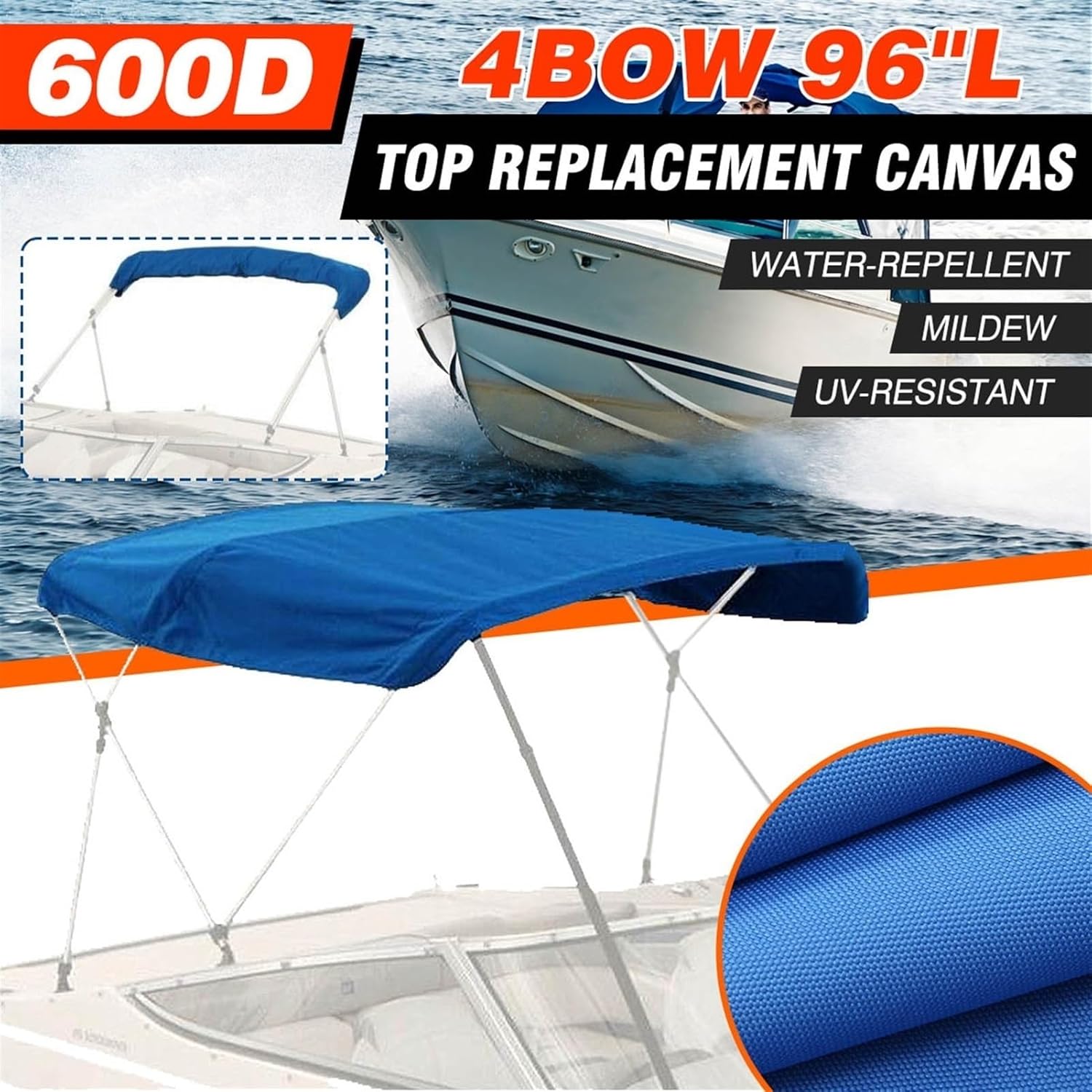 Wingxaoyy Marine Accessories 600D Boat Cover 4 Bow Biminii Top Replacement Canvas with Boot Frame Marine Cover Anti UV for V-Hull Jon Center Console Boat(Width 91-103 inch) - Image 7