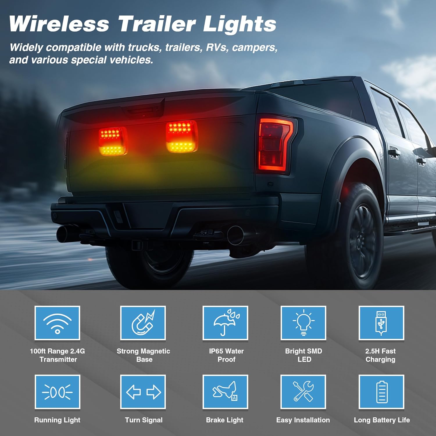 Wireless Magnetic Trailer Lights \u2013 Rechargeable LED Trailer Light Kit with Turn, Brake, Stop Lights, No Wiring Needed - Portable Wireless Lights for Truck, RV, Boat, Camper, Caravan, Utility Trailers - Image 2